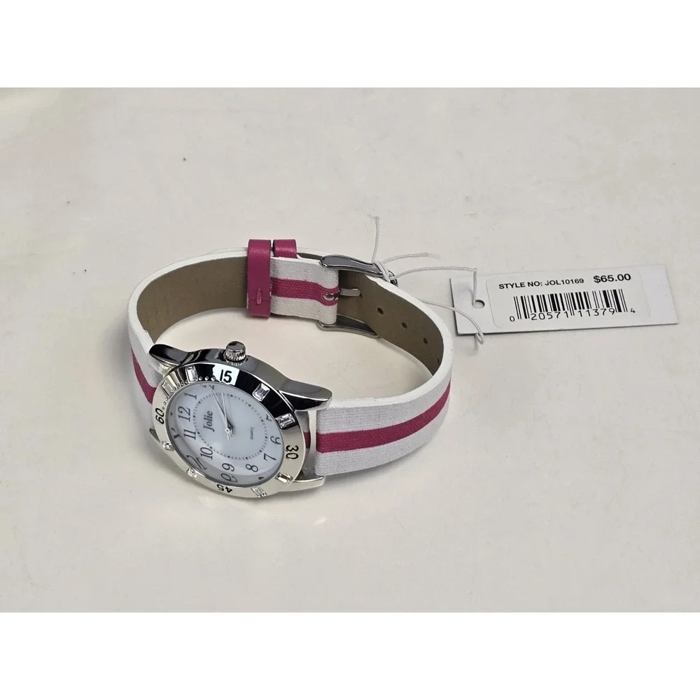 Womens Jolie‎ Red/White Band Silver Toned Wrist Watch Jol10169 NWT